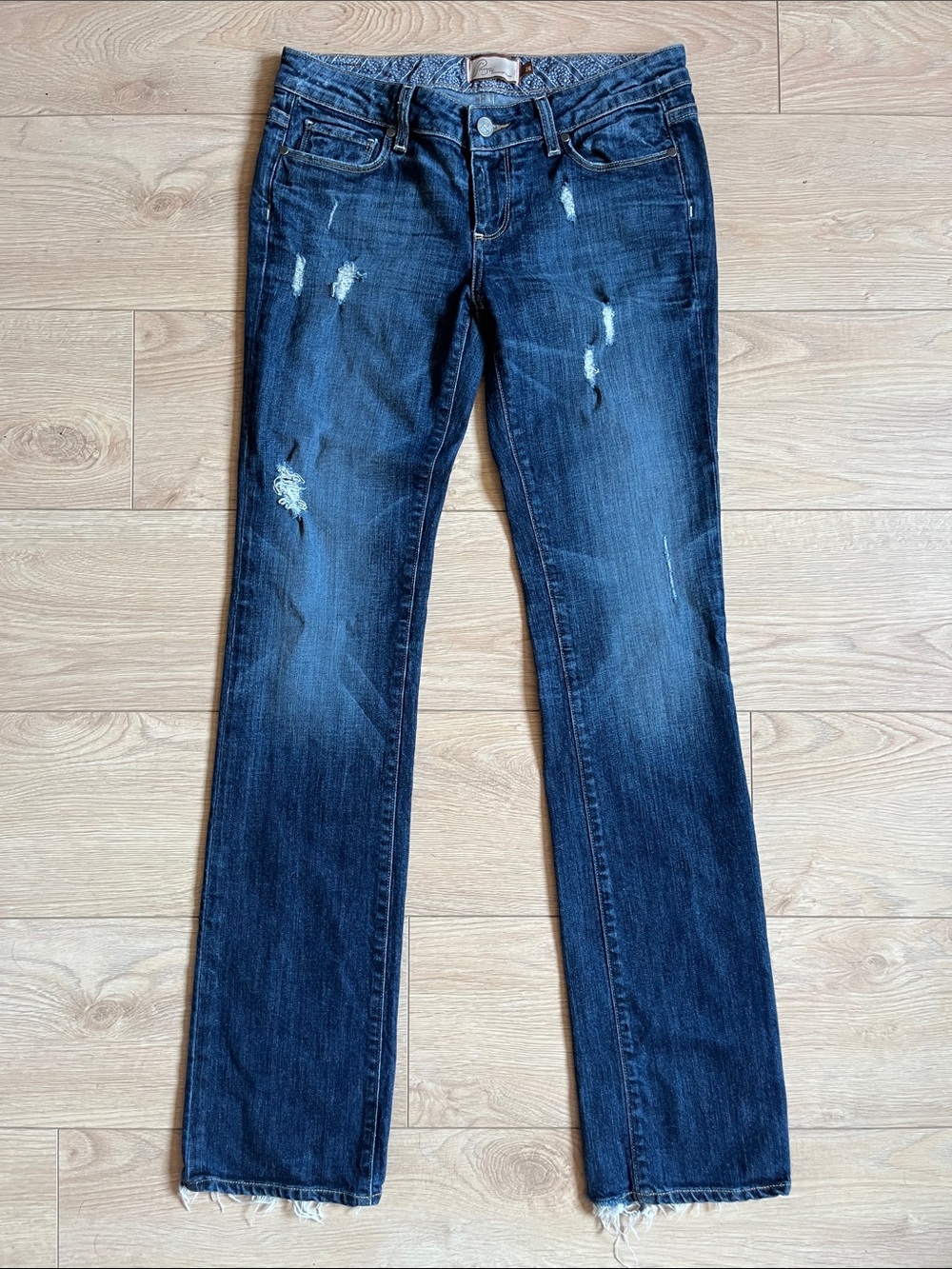 PAIGE Dark Blue Distressed Straight Leg Jeans